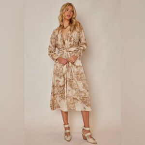 fab’rik Wren V Neck Midi Dress Size Medium Twist Waist Pastoral Landscape